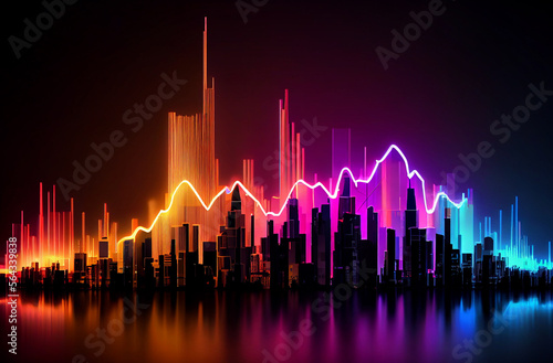 Neon Financial stock market chart against the backdrop of a night city  business investment concept and futures and stock trading. 3D rendering. City or Country GDP. Generating Ai.