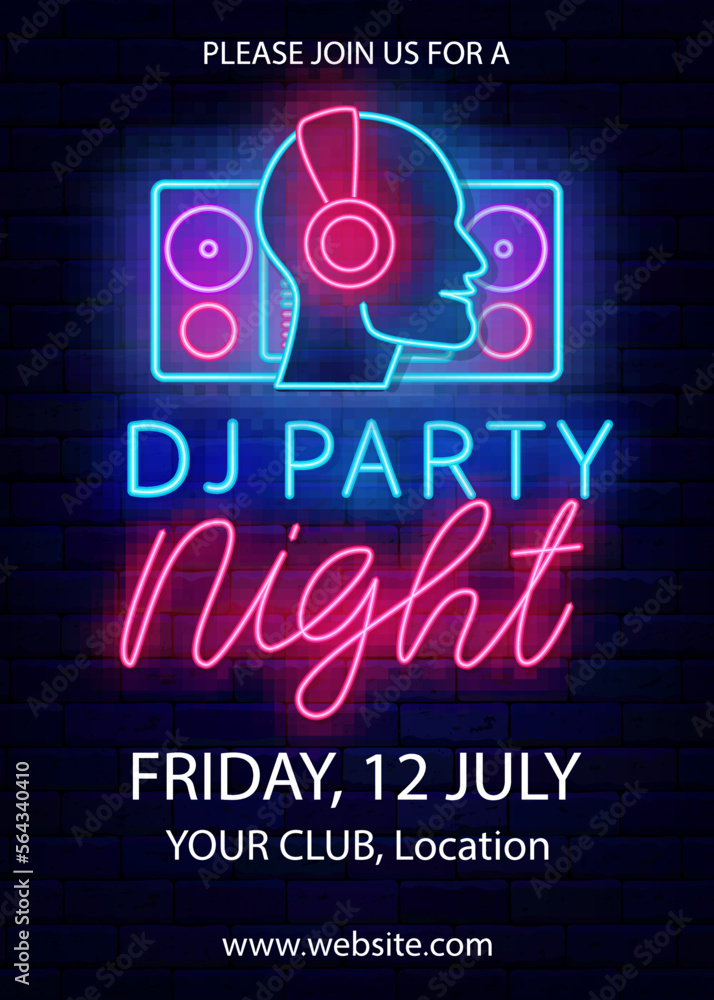 Dj party night neon poster. Luminous advertising. Vertical template. Dj and player. Light banner. Vector illustration