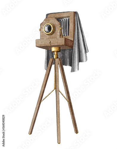 Watercolor vintage antique classic camera with lens on tripod isolated on white background. Hand drawn illustration sketch