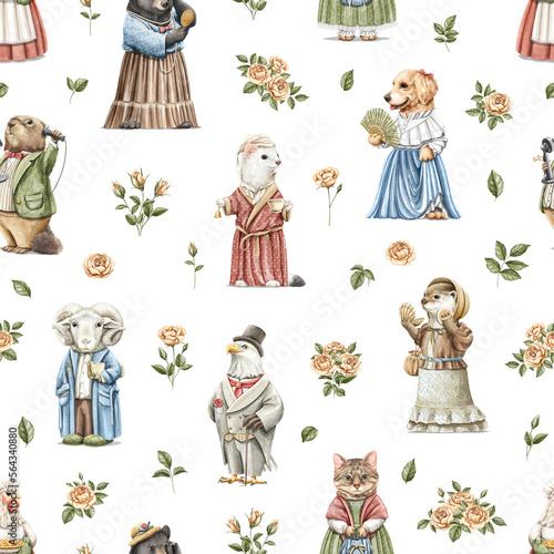 Watercolor seamless pattern with vintage animal characters in clothes and varied flowers isolated on white background. Hand drawn illustration sketch