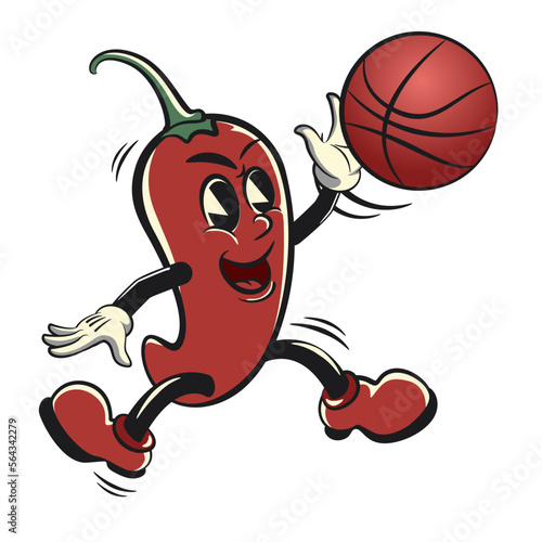 vector vintage illustration of a red chili mascot cartoon character jumping with a basketball