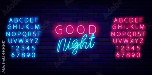 Good night neon sign with lettering. Glowing invitation on brick wall. Dream wishing. Vector stock illustration