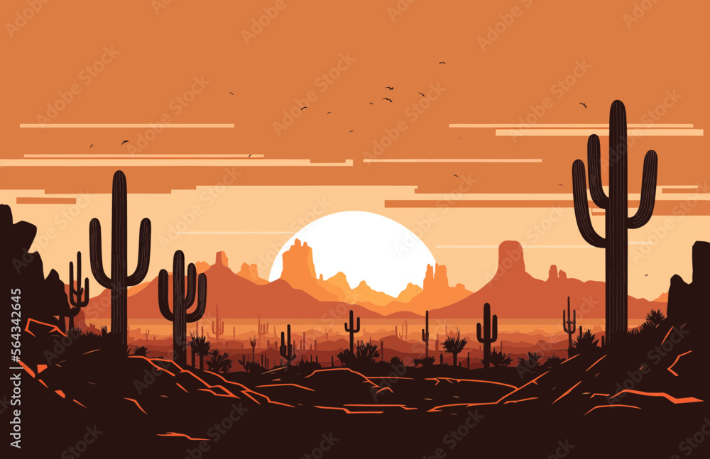 Sunset In A Wild-West Desert Landscape With Rocks And Cacti. Vector Illustration