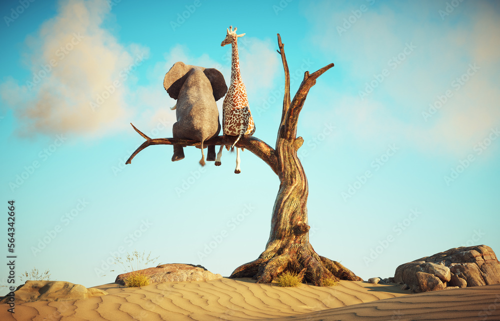 Obraz Elephant and giraffe stands on thin branch of withered tree in surreal landscape. The concept of friendship. fototapeta, plakat