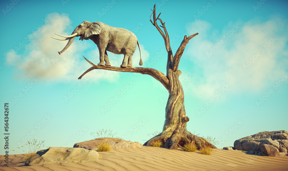 Elephant stands on thin branch of withered tree in surreal landscape
