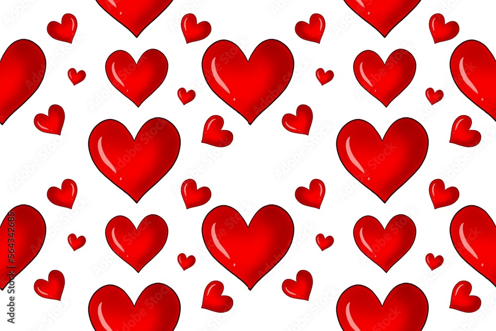 Seamless pattern with red hearts on white background. Vector illustration.