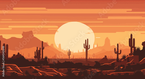 Sunset In A Wild-West Desert Landscape With Rocks And Cacti. Vector Illustration