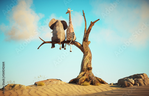Fotografia Elephant and giraffe stands on thin branch of withered tree in surreal landscape