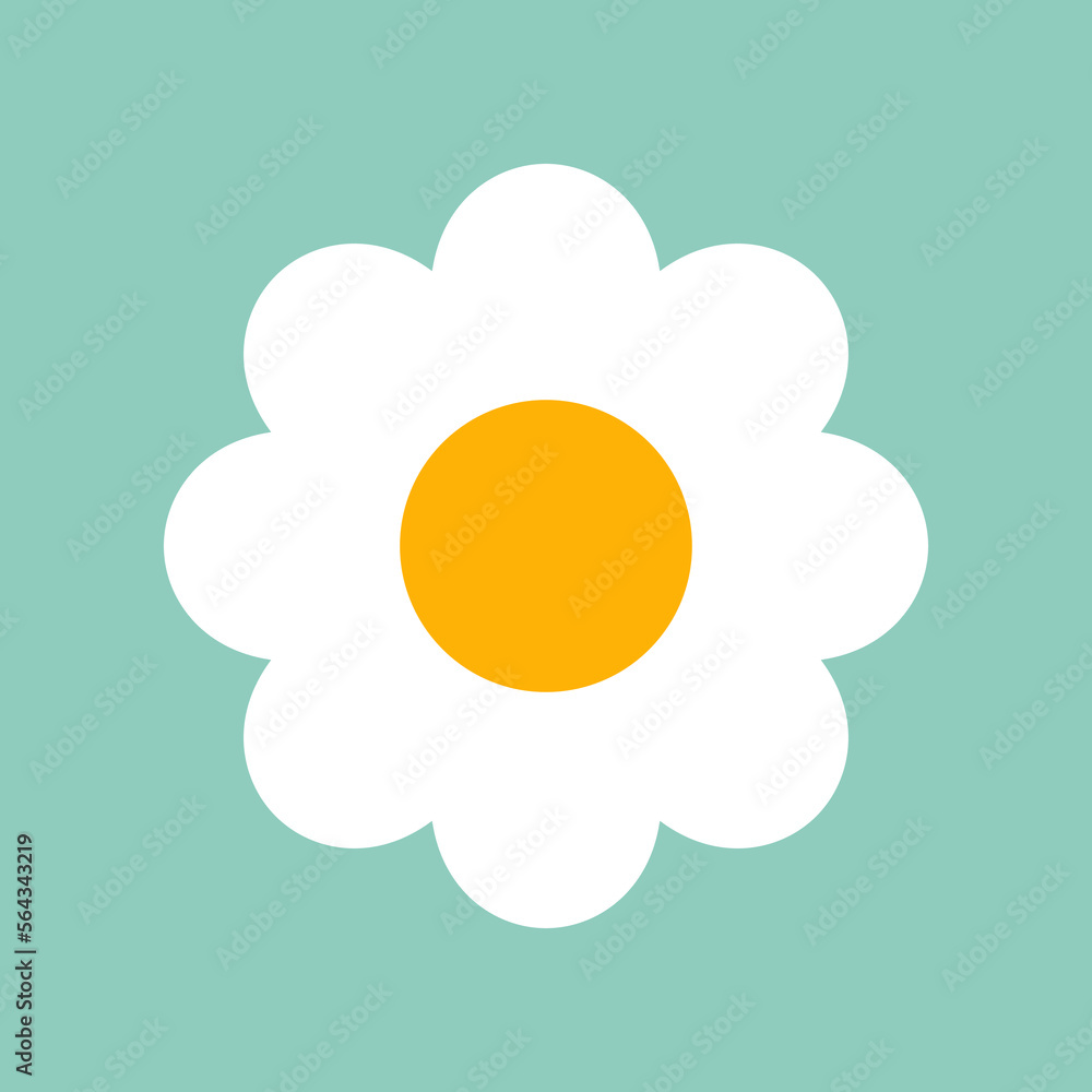 Daisy with big petals on mint background vector illustration. Cartoon drawing of white camomile or chamomile for decoration or pattern design. Blossom, spring flowers, summer, nature concept Daisy with big petals on mint background vector illustration. Cartoon drawing of white camomile or chamomile for decoration or pattern design. Blossom, spring flowers, summer, nature concept