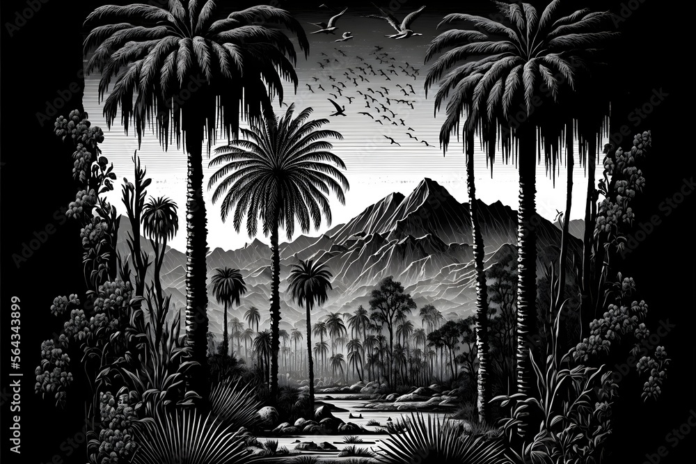 custom made wallpaper toronto digitalAn oasis of palm trees, mountains with birds with a black and white background. Vintage wallpaper