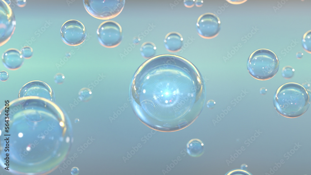 Cosmetic Blue Serum bubbles on a blurred background. Design of collagen bubbles. Essentials of Moisturizing and Serum Concept. Concept of vitamins for beauty and health. 3D rendering 