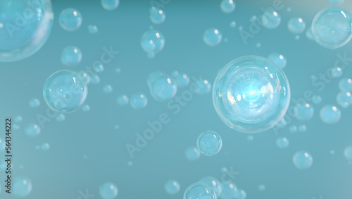 3D cosmetic rendering Bubbles of Golden Serum against a blurred background. Design of collagen bubbles. Design for Moisturizing Cream and Serum. Vitamin for health care and beauty concept
