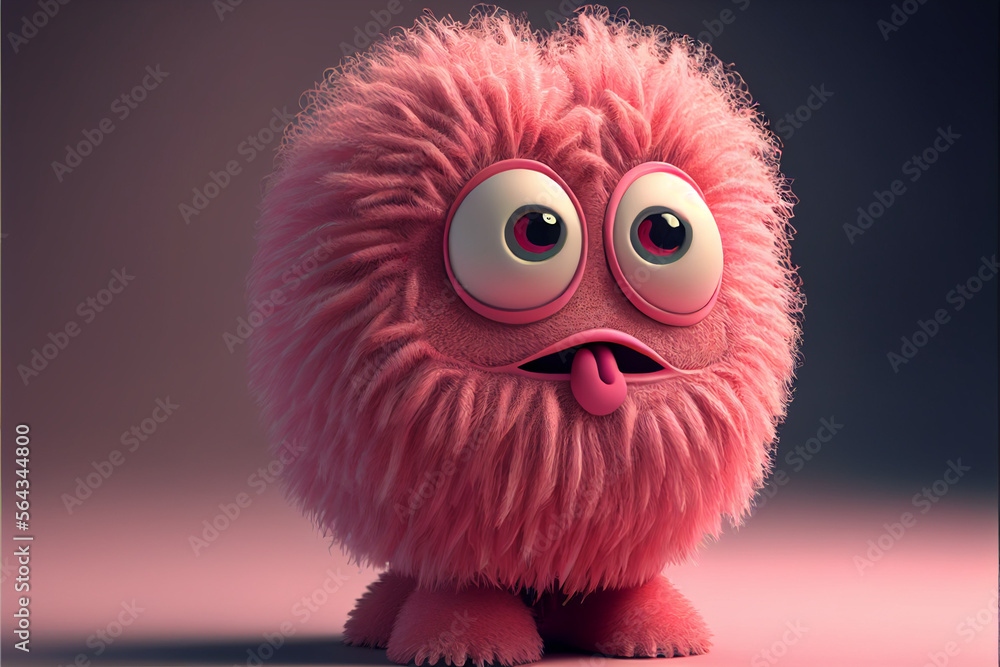 Obraz premium Fluffy pink caricature, cute creature, generative ai