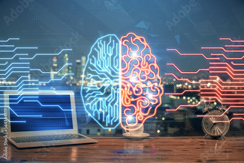 Double exposure of work table with computer and brain sketch hologram. Brainstorming concept.