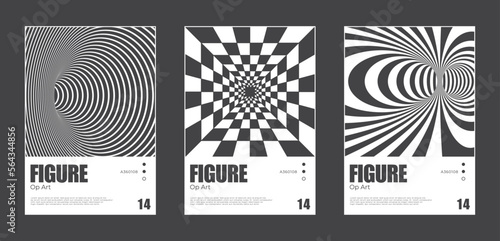 Cover templates set, vector geometric abstract background. Futuristic geometric composition. Meta modern covers. Op art. Vision illusion. Flyer, presentation, brochure, banner, poster design.