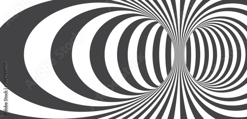 Geometric Black and White Abstract Hypnotic Worm-Hole Tunnel. Optical Illusion background. Seamless background, black and white pattern, spherical volume, geometric checker. Vector illustration