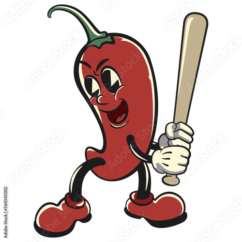 vector vintage illustration of a red chili king mascot cartoon character in a position ready to hit with a baseball bat