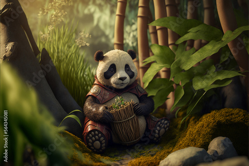 A pandinha sitting in a bamboo tree generative AI