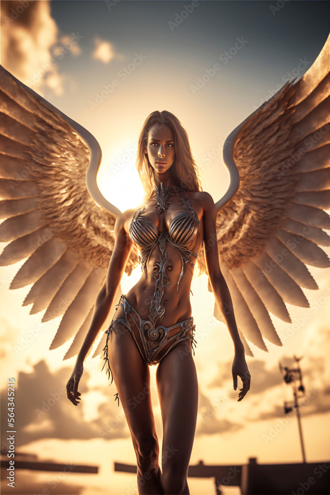 Seductive sexy woman as angel with wings wearing lingerie. Warm atmosphere.  Designed using generative ai. Stock-illustrasjon | Adobe Stock