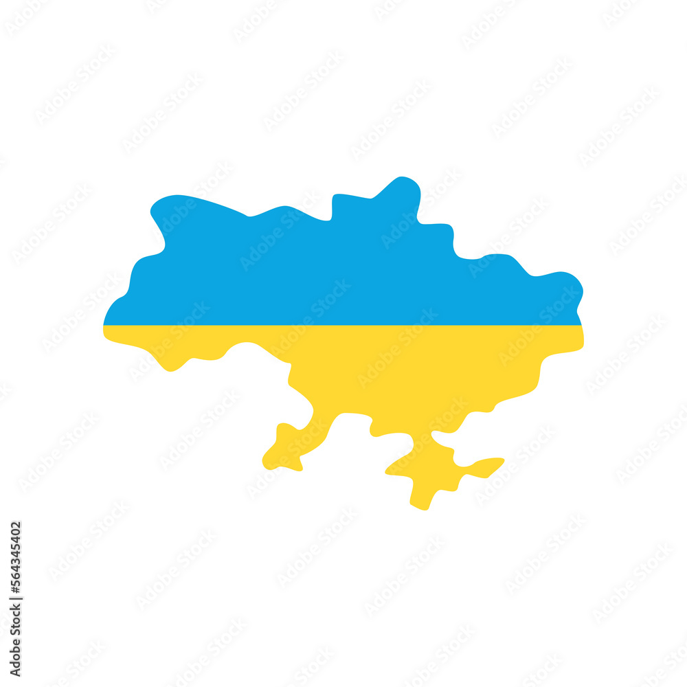 Blue and yellow Ukrainian territory on map vector illustration. Cartoon drawing of country in colors of Ukrainian flag or anti-war element isolated on white background. War, military, peace concept