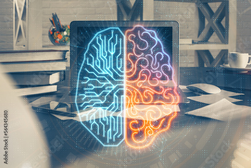 Double exposure of work table with computer and brain sketch hologram. Brainstorming concept.