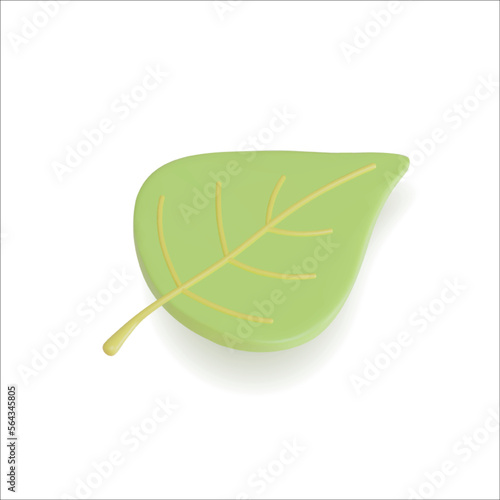 3d Green Birch Leaf Plasticine Cartoon Style Summer Concept Isolated on a White Background. Vector illustration