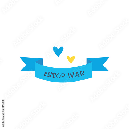 Blue ribbon with stop war hashtag vector illustration. Cartoon drawing of banner with patriotic message or anti-war element isolated on white background. War, military, peace concept