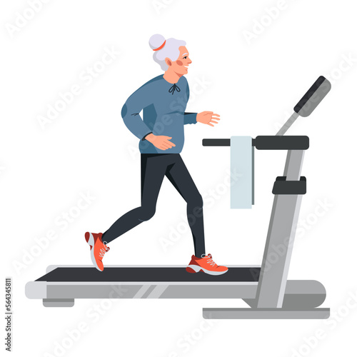 An elderly athletic woman runs on a treadmill.An active lifestyle, light running and a healthy lifestyle. Vector illustration in a flat style
