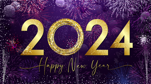 Golden shiny number 2024 and handwritten style text. A Happy New year greeting card concept with glittering background. Christmas night eve celebrating poster. Isolated elements. Graphic design.