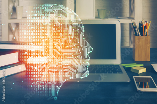 Double exposure of work table with computer and brain sketch hologram. Brainstorming concept.