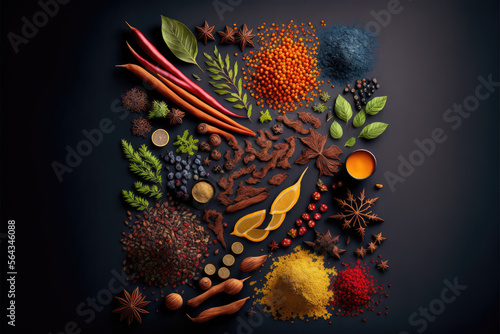 Variety of a collection of spices, shot from above. The image showcases the different colors, shapes, and textures of the spices, creating a visually stunning image. Generative AI