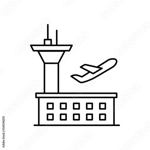 Airport Building Sign Black Thin Line Icon Symbol. Vector illustration of Aircraft Control Tower and Terminal
