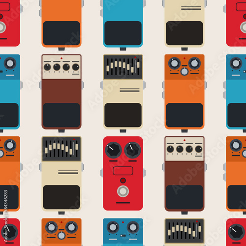 Guitar pedals vector seamless pattern. Flat design style. Guitar fx equipment pattern. Color vector background.