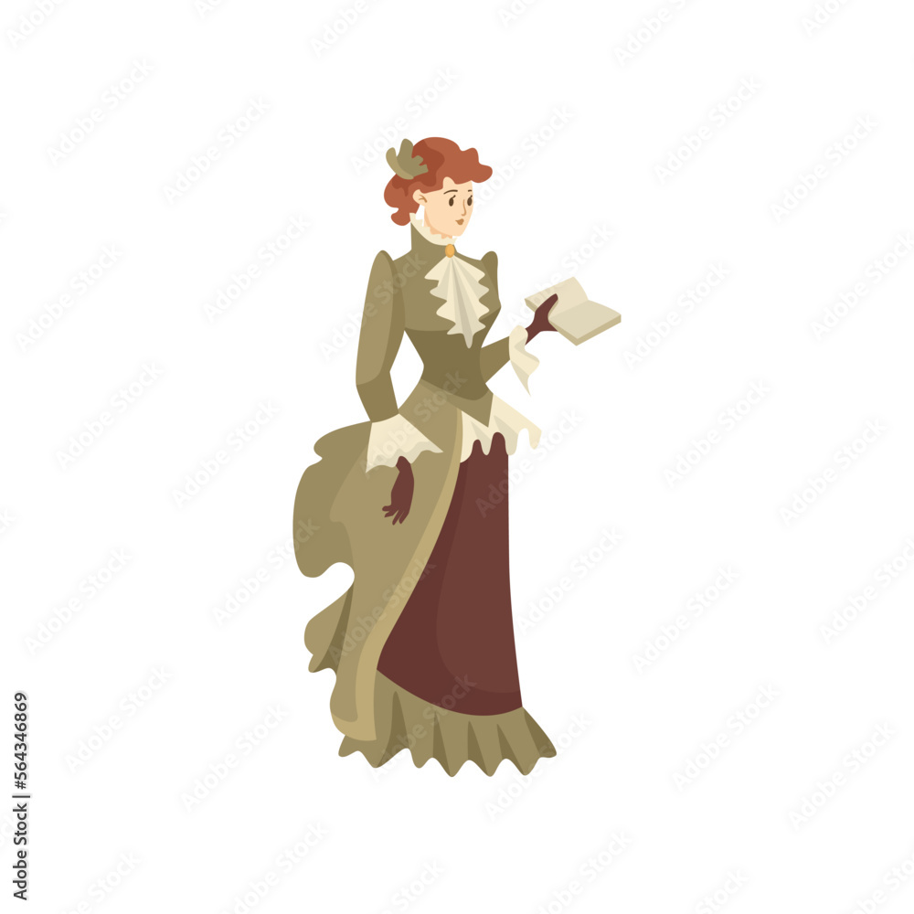 Victorian woman with book vector illustration. Cartoon female character in classic green Victorian style costume isolated on white background. History, fashion concept Victorian woman with book vector illustration. Cartoon female character in classic green Victorian style costume isolated on white background. History, fashion concept
