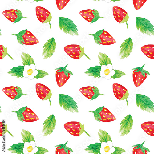Hand-drawn watercolor wild red strawberries, leaves and flowers pattern. Cute kawaii background, good for wallpaper, textile, gift or farmers market goods wrapping