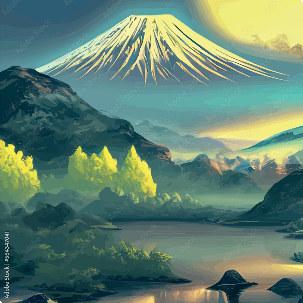 Vector illustration of Japanese Mount Fuji with variety of trees, Ideal ...