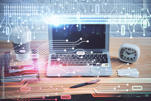 Technology theme drawing and table with computer. Double exposure. Concept of information.