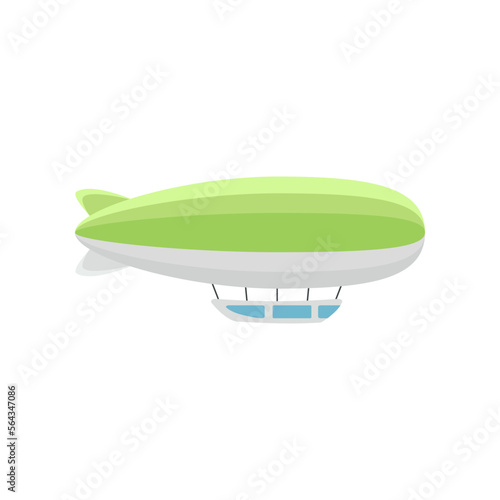 Colorful green zeppelin vector illustration. Vintage dirigible or airship for carrying passengers isolated on white background. Transportation, tourism, aviation industry concept.
