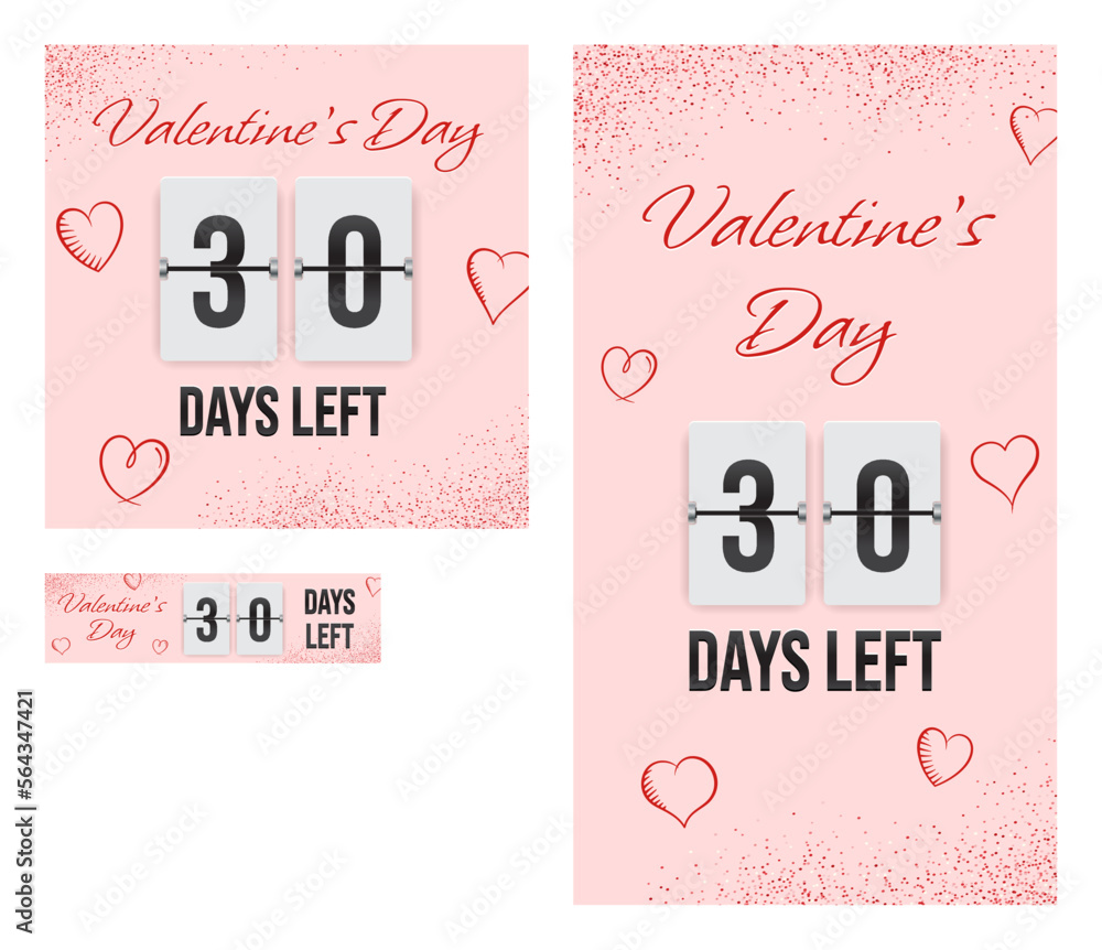 Valentine's Day 30 days left (vector analog countdown timer on pink
