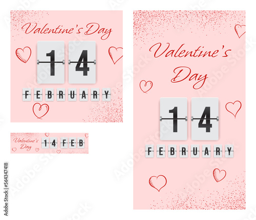 Valentine's Day - 14th February (vector analog countdown timer). Social media ads set.