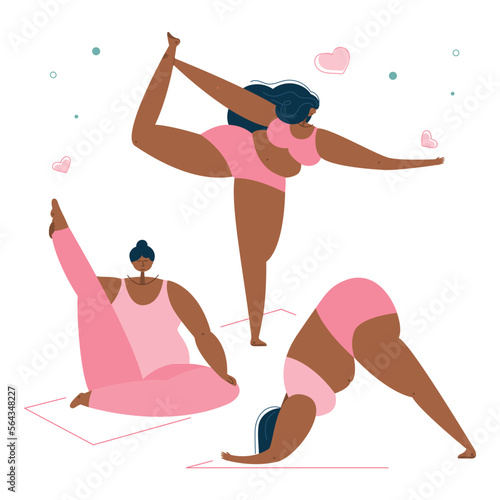 The body positive women do YOGA, lord of the dance pose, dolphin pose. PLUS size women is NORMAL. The vector illustratin with curvy women do sport or fitness can be used for self care social projact.