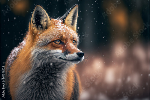 Red fox close up image portrait of a beautiful fox in the winter with fresh snow falling on its fur.  Fox is looking with expressive eyes.  Generative ai © touchedbylight