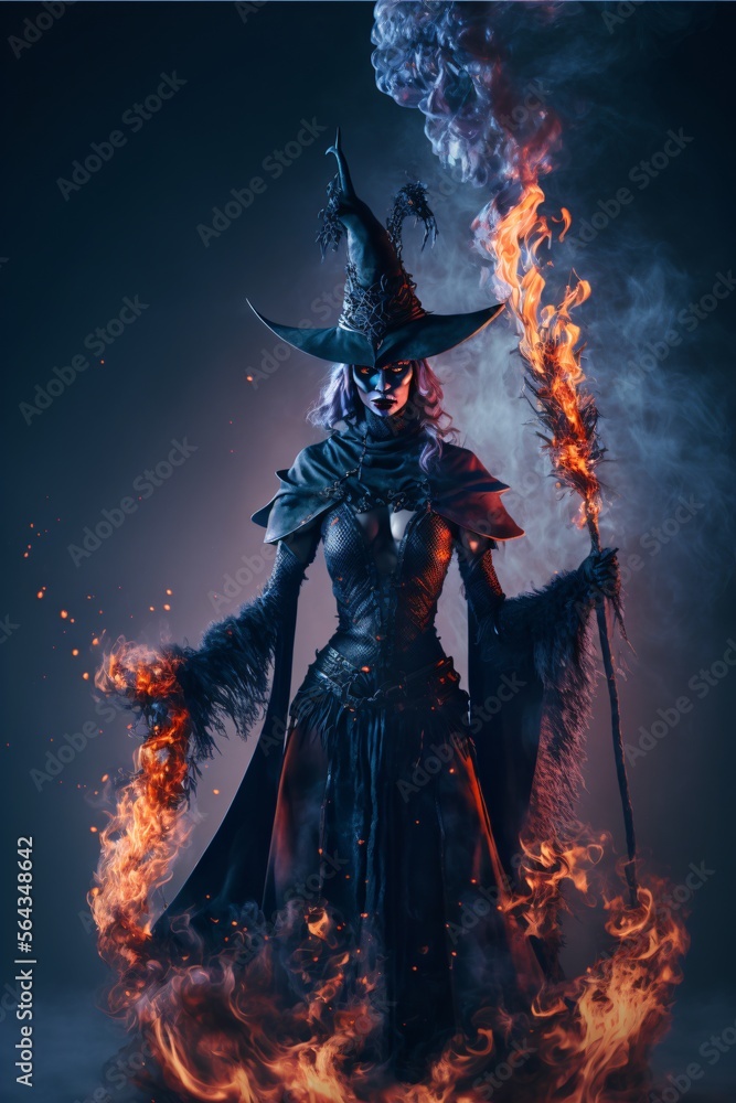 Seductive sexy witch wearing gothic dress with broom and flames. Designed using generative ai