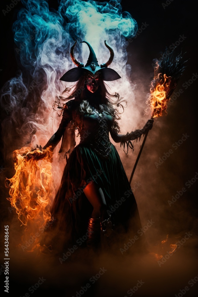 Fototapeta premium Seductive sexy witch wearing gothic dress with broom and flames. Designed using generative ai