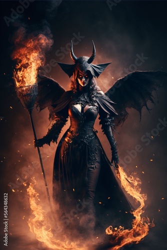 Seductive sexy witch wearing gothic dress with broom and flames. Designed using generative ai