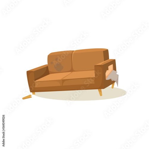 Old brown sofa with broken leg vector illustration. Torn couch with holes and stains for living room isolated on white background. Furniture, interior design concept