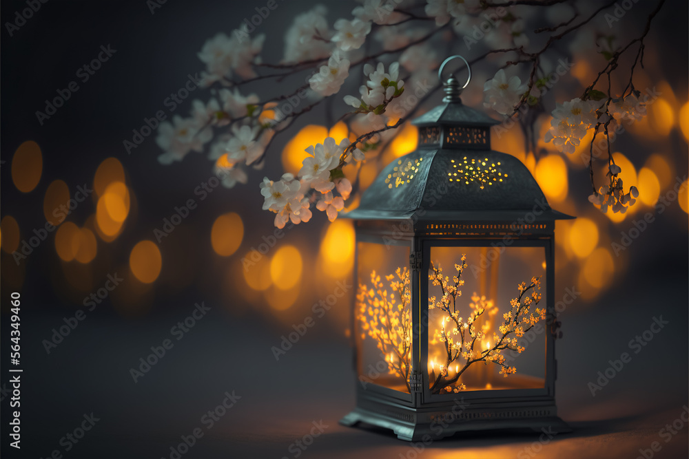 Ornamental Arabic lantern, bokeh background with golden bokeh lights, prunus tree blossoms, holy month Ramadan Kareem, generative ai