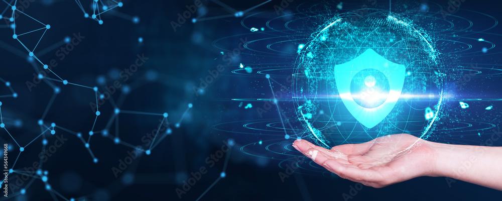 Obraz premium Cyber security data protection business technology privacy concept. Young businessman select the icon security on the virtual display.