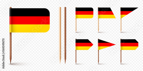 Realistic various German toothpick flags. Souvenir from Germany. Wooden toothpicks with paper flag. Location mark, map pointer. Blank mockup for advertising and promotions. Vector illustration