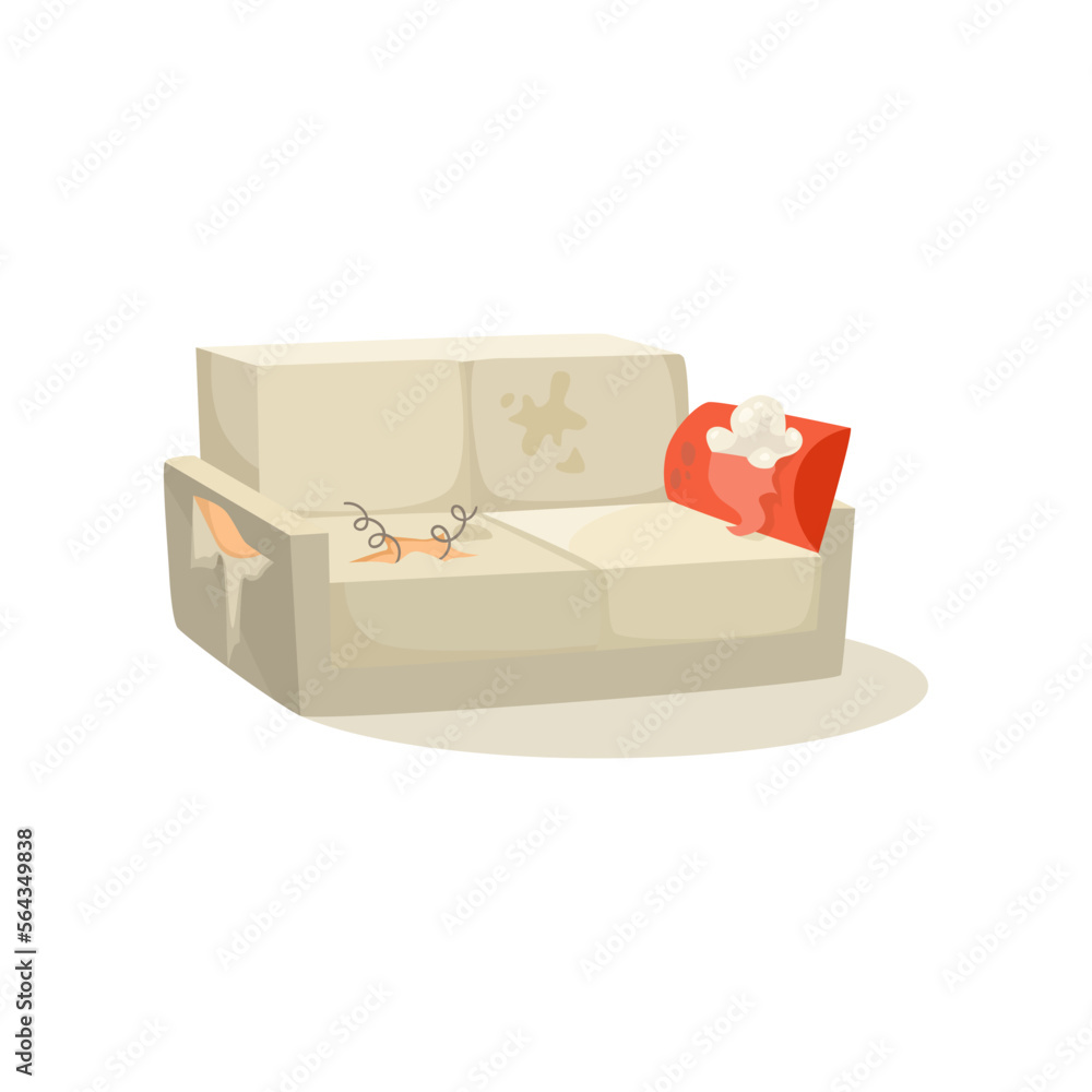 Old broken sofa with torn pillow vector illustration. Dirty white couch with holes and stains for living room isolated on white background. Furniture, interior design concept